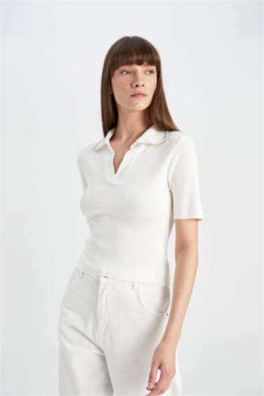 Fitted Polo Yaka Taş İşlemeli Kısa Kollu Triko Kazak