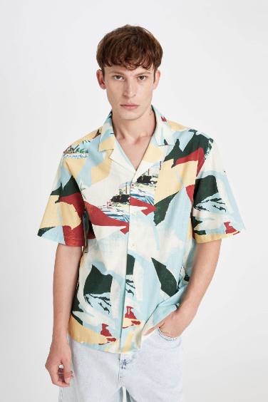 Relax Fit Resort Collar Printed Cotton Shirt