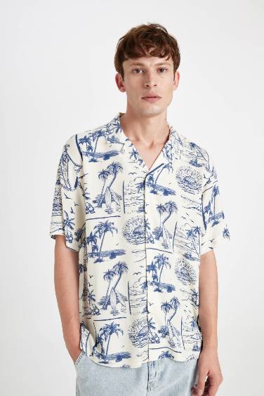 Relax Fit Apache Neck Viscose Hawaii Short Sleeve Shirt