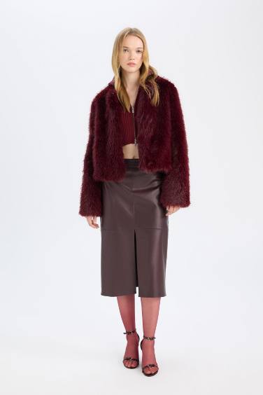 Yüksek Bel Penye Astarlı Yırtmaçlı Midi Suni Deri Bordo Kalem Etek