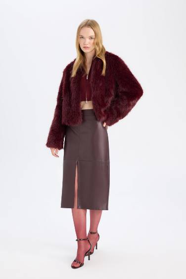 Yüksek Bel Penye Astarlı Yırtmaçlı Midi Suni Deri Bordo Kalem Etek