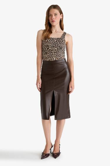 Pencil High Waist Cotton Lined Faux Leather Midi Skirt