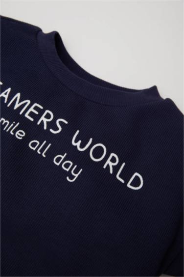 2'li Takım Etiket Baskılı Sweatshirt Selanik Kumaş Beli Lastikli Jogger Eşofman Altı Erkek Bebek