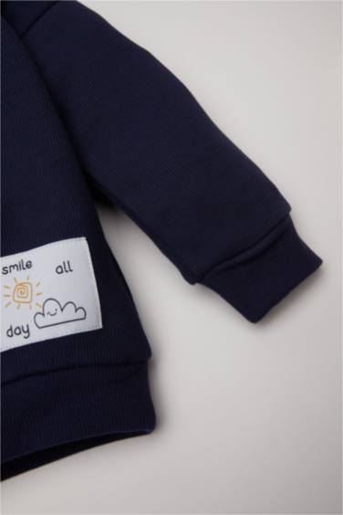 2'li Takım Etiket Baskılı Sweatshirt Selanik Kumaş Beli Lastikli Jogger Eşofman Altı Erkek Bebek