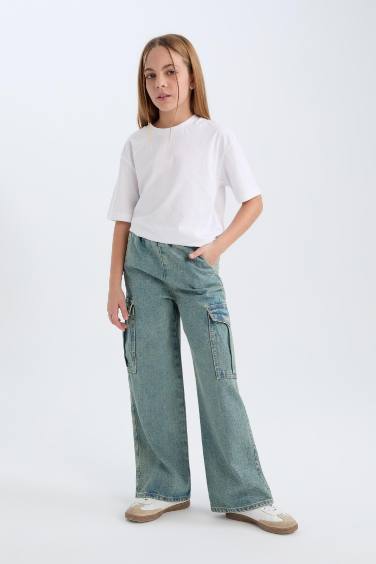 Kız Çocuk Kargo Cepli Wide Leg Geniş Bol Paça Jean Pantolon
