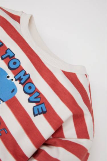 Erkek Bebek 2'li Takım Çizgili Dinozor Baskılı Sweatshirt Beli Lastikli Eşofman Altı