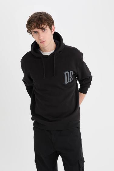 Relax Fit Kapüşonlu Baskılı Kalın Sweatshirt