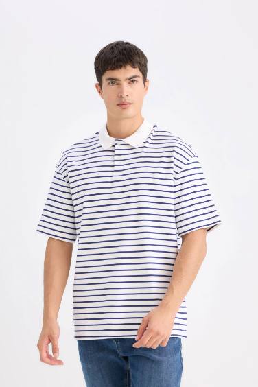 Relax Fit Striped Short Sleeve Ribbed Polo T-Shirt
