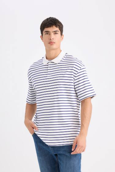 Relax Fit Striped Short Sleeve Ribbed Polo T-Shirt