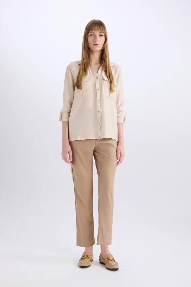 Oversize Geniş Kalıp Basic Düz Çift Cepli Uzun Kollu Viskon Gömlek