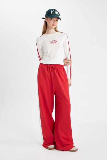 eyaz Fitted Vücuda Oturan Bisiklet Yaka Baskılı Ribana Uzun Kollu Tişört