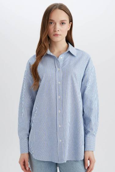 Relax Fit Striped Oxford Basic Long Sleeve Shirt Tunic