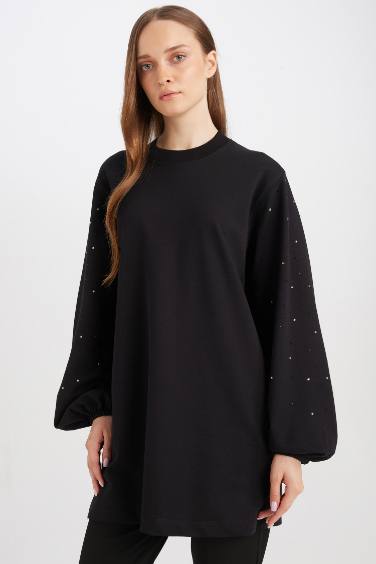 Regular Fit Stone Detailed Black Sweatshirt Tunic