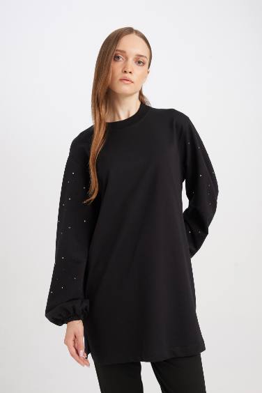 Regular Fit Bisiklet Yaka Balon Kollu Taşlı Uzun Kollu Sweatshirt Tunik