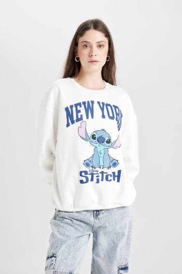 Coool Disney Lilo & Stitch Oversize Fit Geniş Kalıp Bisiklet Yaka Baskılı Kalın Sweatshirt