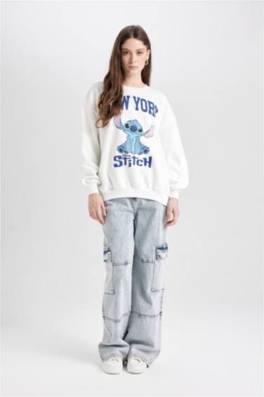 Coool Disney Lilo & Stitch Oversize Geniş Kalıp Bisiklet Yaka Baskılı Kalın Sweatshirt