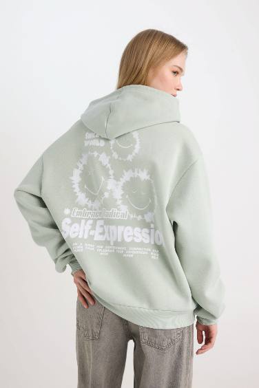 Coool SmileyWorld Oversize Geniş Kalıp Kapüşonlu Sırt Baskılı Kalın Sweatshirt