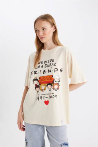 Friends Oversize Geniş Kalıp Bisiklet Yaka Baskılı Kısa Kollu Tişört