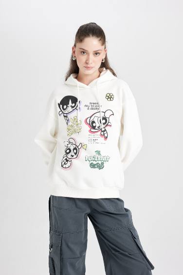 Coool PowerPuff Girls Oversize Geniş Kalıp Kapüşonlu Baskılı Kalın Sweatshirt
