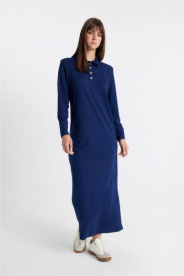 Regular Fit Uzun Kollu Pike Maxi Elbise