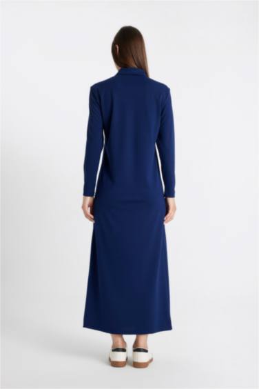 Regular Fit Uzun Kollu Pike Maxi Elbise