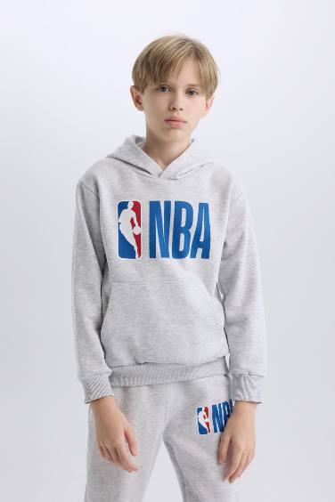 Erkek Çocuk Gri NBA Wordmark Kapüşonlu Kalın Sweatshirt