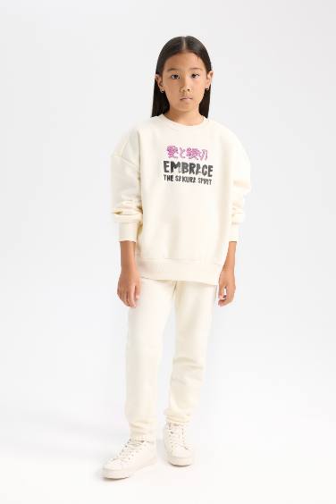 Kız Çocuk 2'li Takım Baskılı Sweatshirt Üst Beli Lastikli Jogger Eşofman Altı