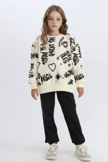 Kız Çocuk 2'li Takım Desenli Sweatshirt Beli Lastikli Eşofman Altı