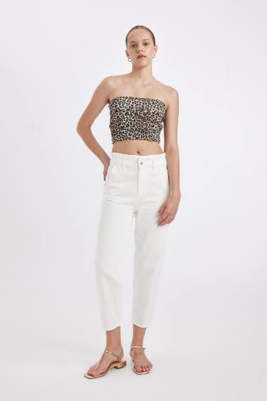 Paperbag Waist Elasticated Light Straight Leg White Jeans