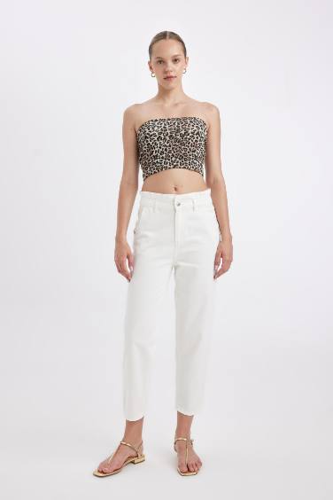 Paperbag Waist Elasticated Light Straight Leg White Jeans