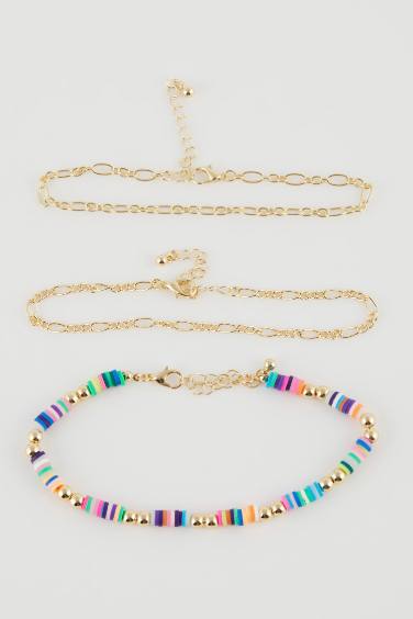 Woman 3 Piece Colorful Gold Anklet