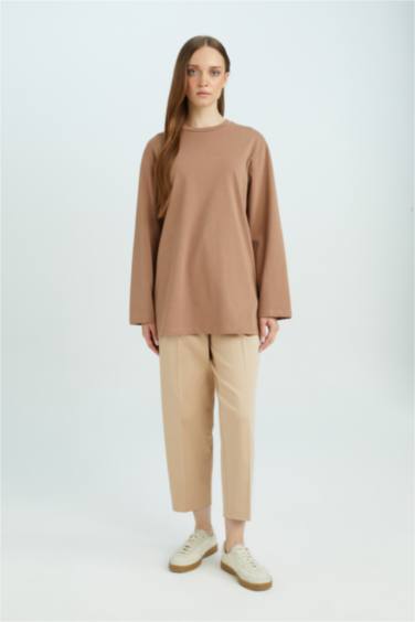 Regular Fit Bisiklet Yaka Basic Düz Uzun Kollu Tişört Tunik