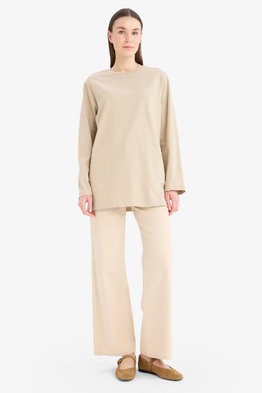 Regular Fit Bisiklet Yaka Basic Düz Uzun Kollu Tişört Tunik