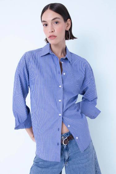 Oversize Fit Striped Buttoned Poplin Long Sleeve Shirt