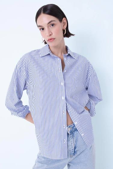 Oversize Fit Shirt Collar Poplin Long Sleeve Shirt