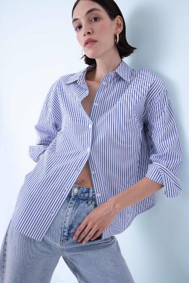 Oversize Geniş Kalıp Çizgili Poplin Uzun Kollu Gömlek