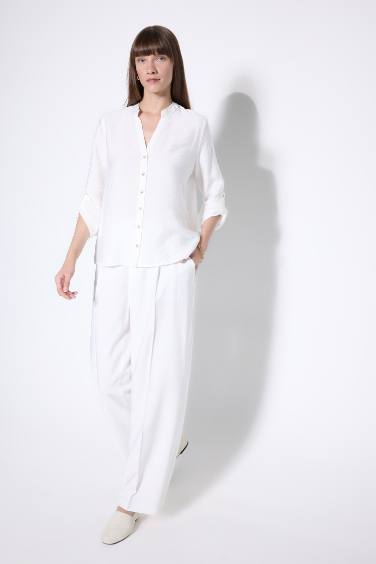 Apaş Yaka Basic Düz Katlamalı Düğmeli Uzun Kollu Beyaz Gömlek