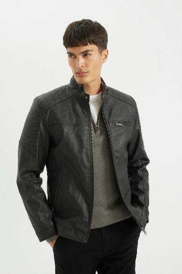 Slim Fit Stand Collar Zippered Faux Leather Jacket