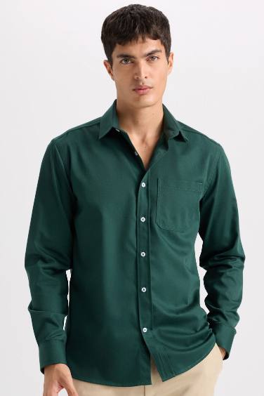 Regular Fit Polo Collar Gabardine Long Sleeve Shirt