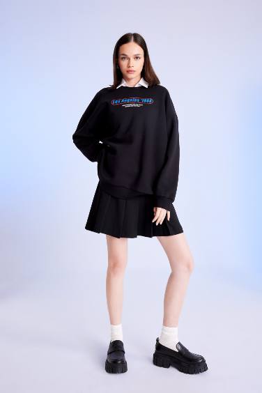 Oversize Geniş Kalıp Bisiklet Yaka Sırt Baskılı Kalın Sweatshirt