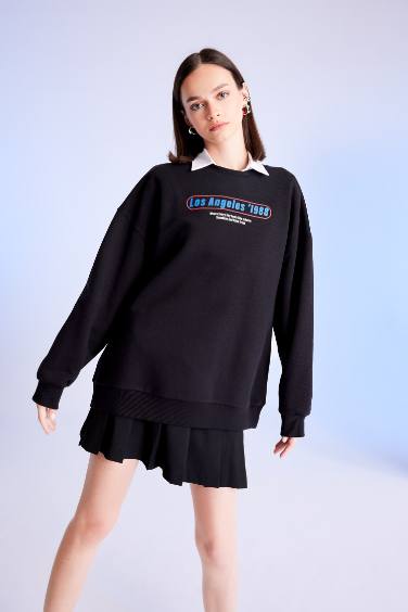 Oversize Geniş Kalıp Bisiklet Yaka Sırt Baskılı Kalın Sweatshirt