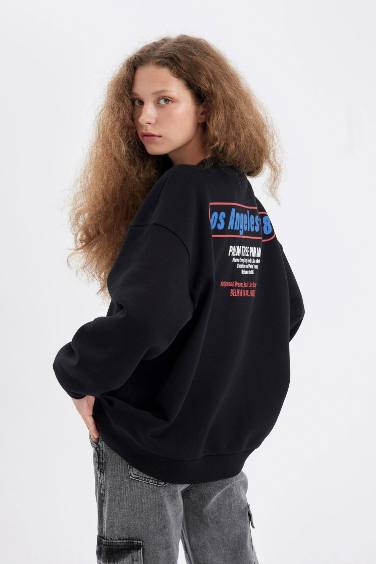 Oversize Geniş Kalıp Bisiklet Yaka Sırt Baskılı Kalın Sweatshirt