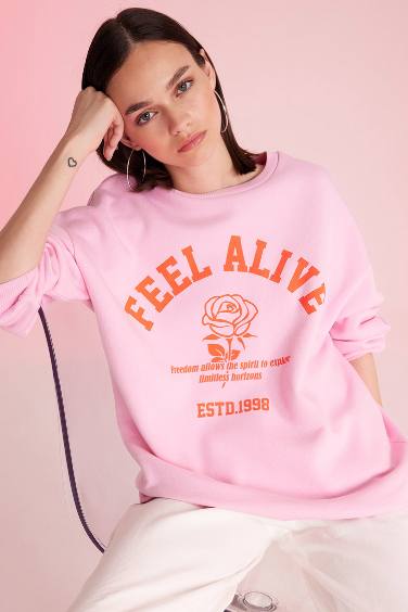 Oversize Geniş Kalıp Bisiklet Yaka Baskılı Kalın Sweatshirt