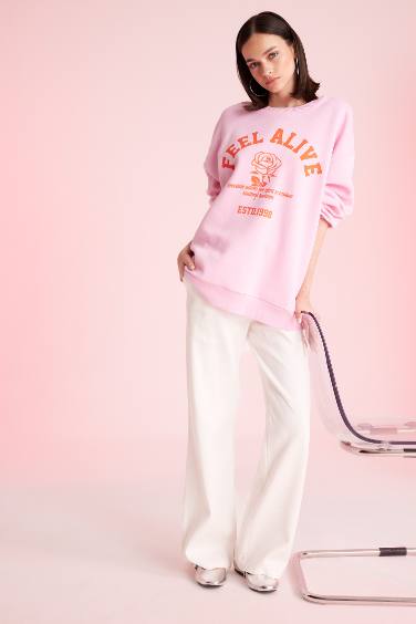 Oversize Geniş Kalıp Bisiklet Yaka Baskılı Kalın Sweatshirt