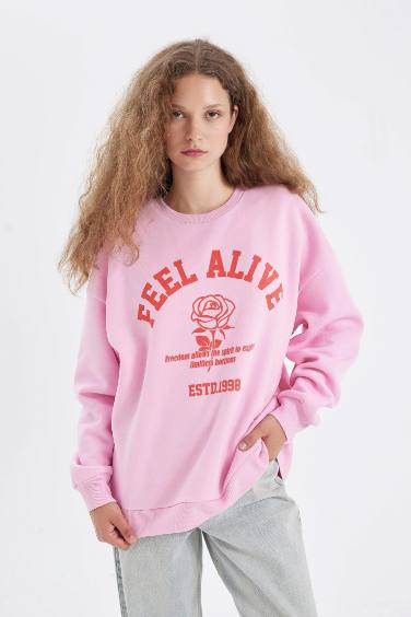 Oversize Geniş Kalıp Bisiklet Yaka Baskılı Kalın Sweatshirt