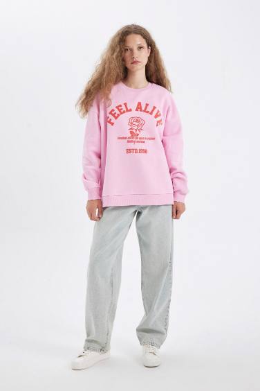 Oversize Geniş Kalıp Bisiklet Yaka Baskılı Kalın Sweatshirt