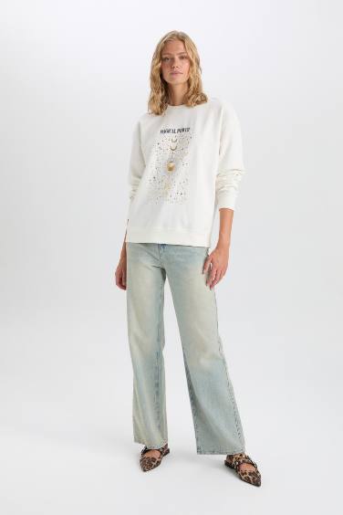 Relax Fit Crew Neck Printed Thin Fabric Sweatshirt