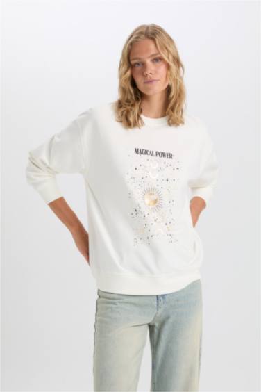 Relax Fit Crew Neck Printed Thin Fabric Sweatshirt