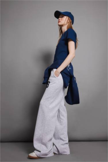 Beli Bağcıklı Baskılı Kalın Wide Leg Geniş Bol Paça Eşofman Altı