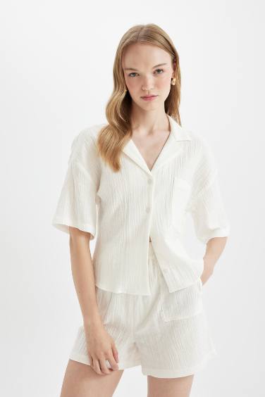 Regular Fit Polo Neck Muslin Short Sleeve Shirt